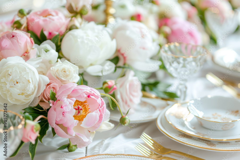 Beautiful tea table setting with a floral arrangement of pink and white flowers
