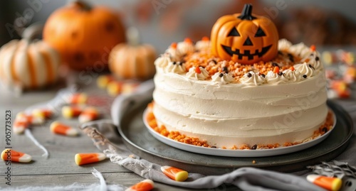 Festive Pumpkin Cake With Whipped Cream and Candy Decor in Autumn Setting