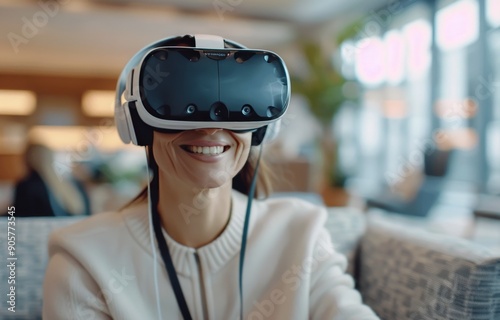 Woman Enjoys Virtual Reality Experience While Relaxing at Home