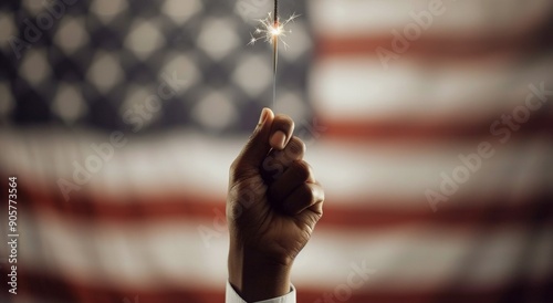Hand Holding Sparkler Against American Flag During Celebration