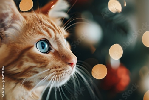 Orange Cat Gazing at Christmas Tree With Twinkling Lights During Holiday Season
