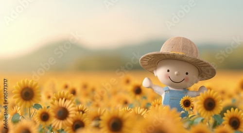 Cheerful Scarecrow Among Sunflowers at Golden Hour
