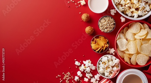 Assorted Snacks and Coffee on Red Background for Movie Night Gathering