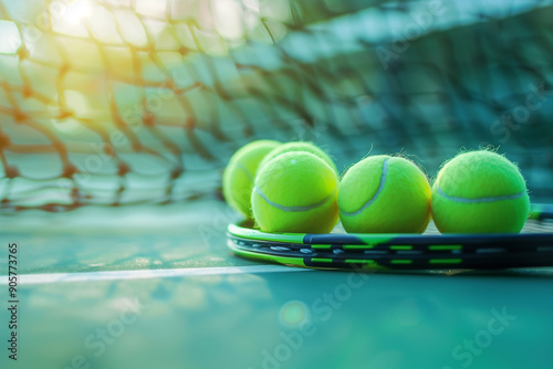 Close-Up of Tennis Balls in Front of Net photo