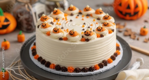 Halloween Themed Cake Decorated With Pumpkins and Ghosts on a Festive Table