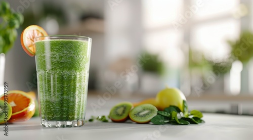 Refreshing Green Smoothie With Fresh Ingredients on Kitchen Counter