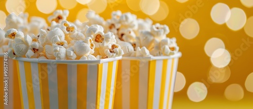 Freshly Popped Popcorn in Red Striped Container on White Surface With Soft Bo...