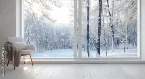 Winter Sunrise Through Glass Windows in a Snowy Forest Retreat