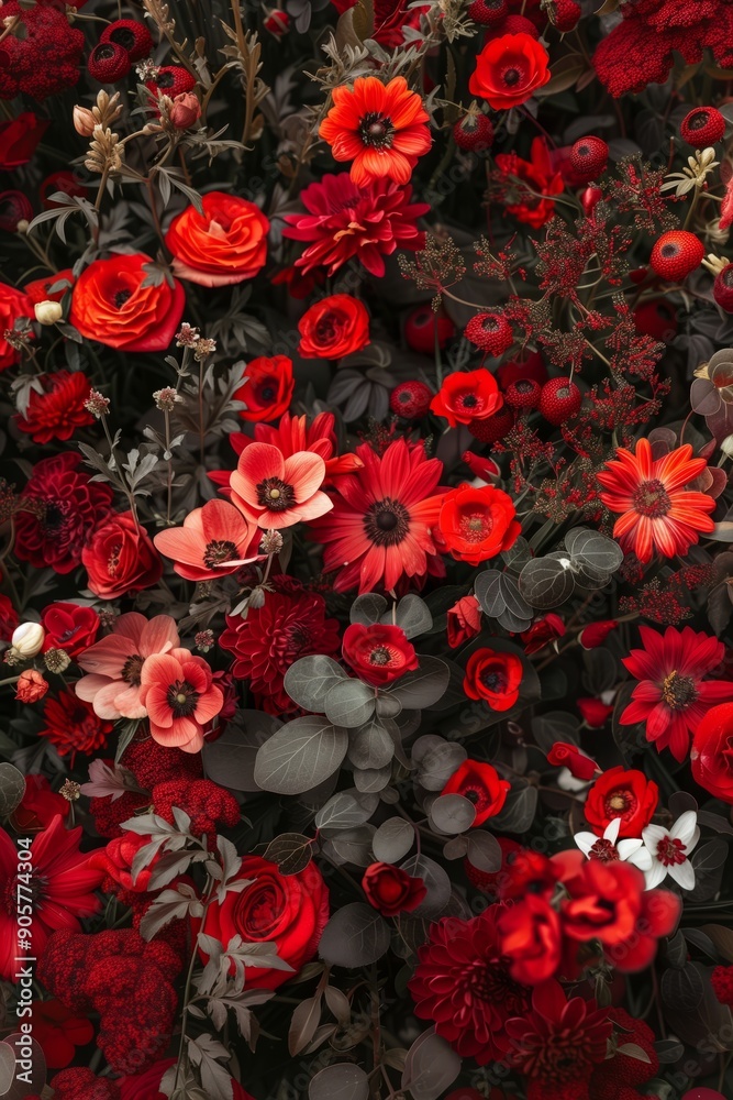 Close-up of colorful garden red flower backdrop wall. Decoration for celebrating wedding or birthday. Vertical format design for phone wallpaper or invitation. Space for text. Close-up of colorful garden red flower backdrop wall. Decoration for celebrating wedding or birthday. Vertical format design for phone wallpaper or invitation. Space for text.