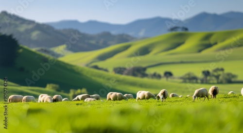 Sheep Grazing on Lush Green Hills in a Serene Rural Landscape