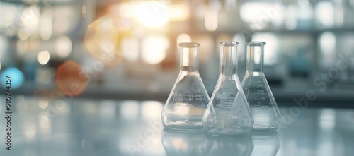 Glass Laboratory Flasks on White Surface With Soft Lighting in Modern Lab Env...