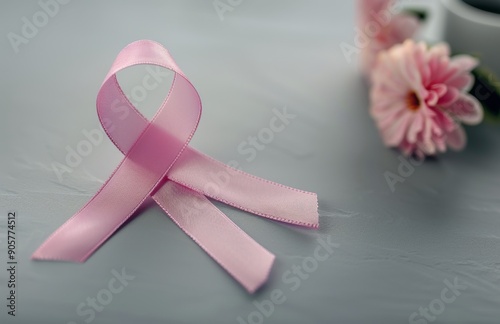 Pink Ribbon on White Cylinder Against Soft Pastel Background