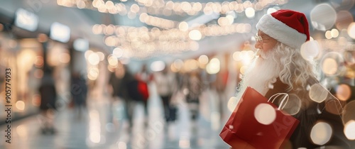Santa Figurine Surrounded by Holiday Lights at a Festive Shopping Center