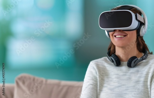 Woman Enjoys Virtual Reality Experience While Relaxing at Home