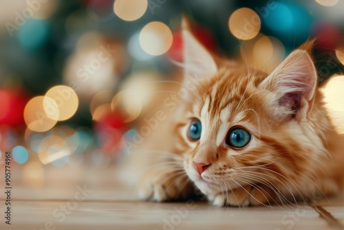 Orange Cat Gazing at Christmas Tree With Twinkling Lights During Holiday Season