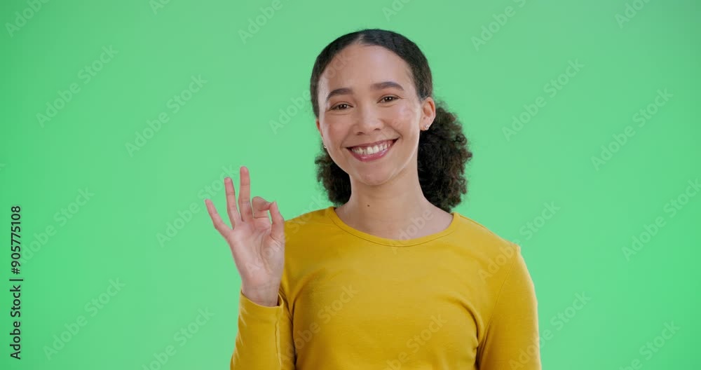 Happy woman, ok hands and face in studio, green screen and background of supporting agreement. Model, portrait and vote gesture of success, yes and smile of winner, perfect emoji and thank you review Happy woman, ok hands and face in studio, green screen and background of supporting agreement. Model, portrait and vote gesture of success, yes and smile of winner, perfect emoji and thank you review