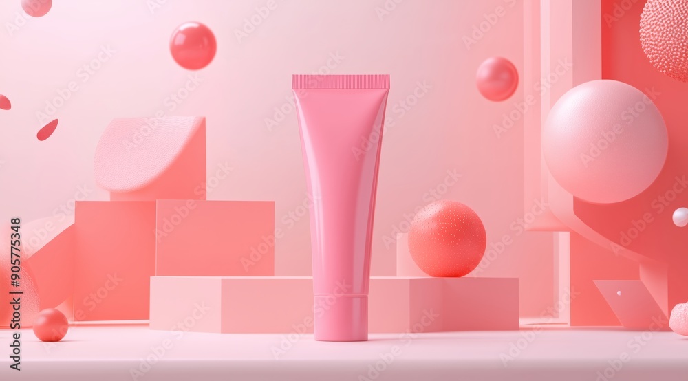 Abstract pink background with a cosmetic tube mockup and spheres. Abstract pink background with a cosmetic tube mockup and spheres.