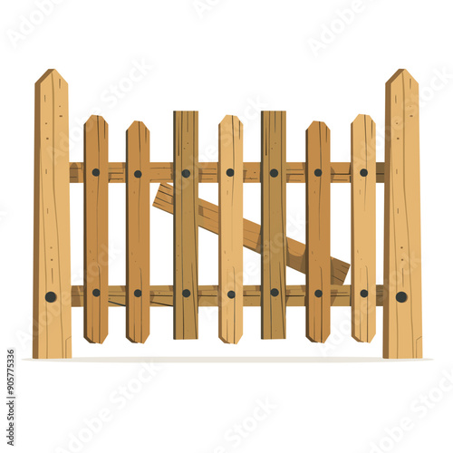 Weathered wooden fence panels, isolated white, natural planks, rustic look. Broken fence section, exposed nails, wornout condition, isolated white. Wooden barrier