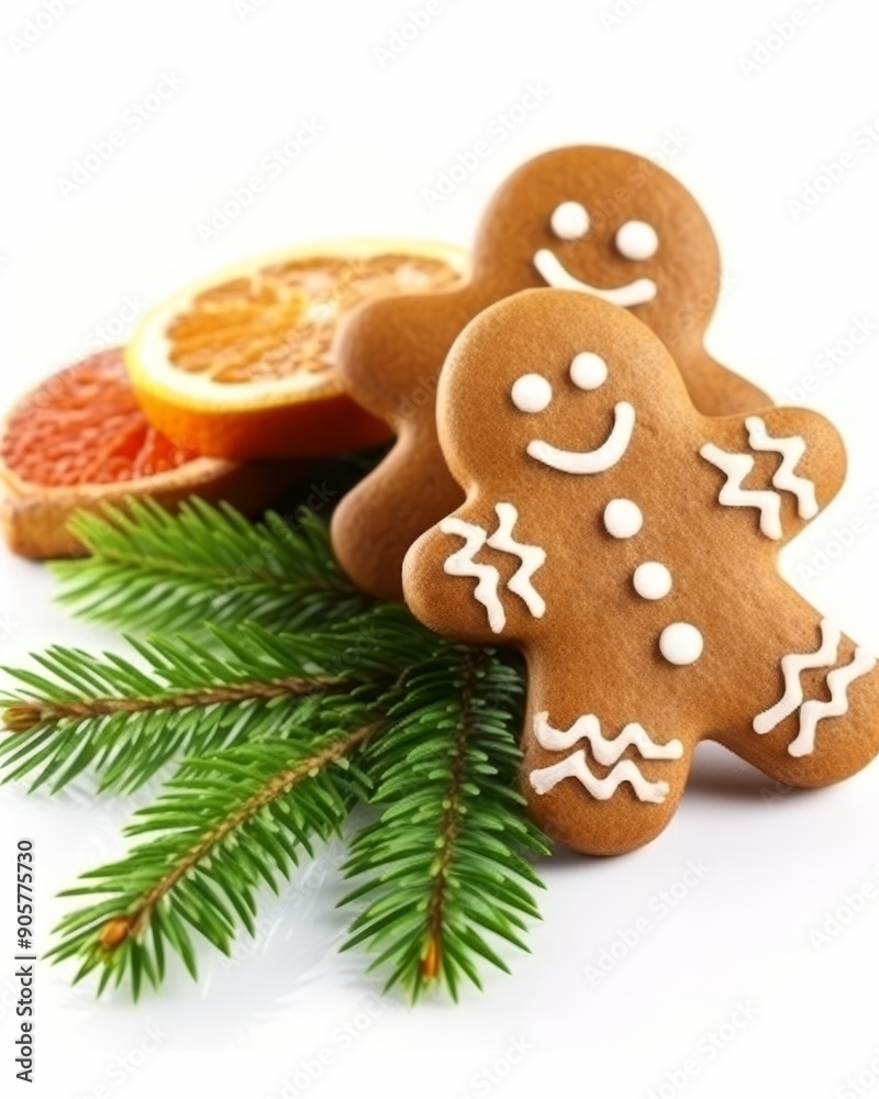 Festive christmas arrangement fir branch with tangerines and gingerbread on white table Festive christmas arrangement fir branch with tangerines and gingerbread on white table