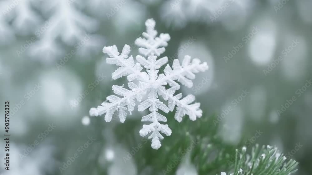 A snowflake gracefully descends and lands softly on the needles of a green evergreen tree amidst a snowy winter setting. A snowflake gracefully descends and lands softly on the needles of a green evergreen tree amidst a snowy winter setting.