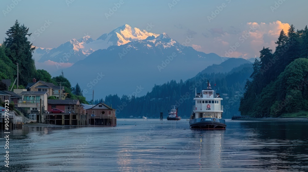 Scenic Winter Landscape: Olympic Mountains with Barge and Tugboat in Foreground Scenic Winter Landscape: Olympic Mountains with Barge and Tugboat in Foreground