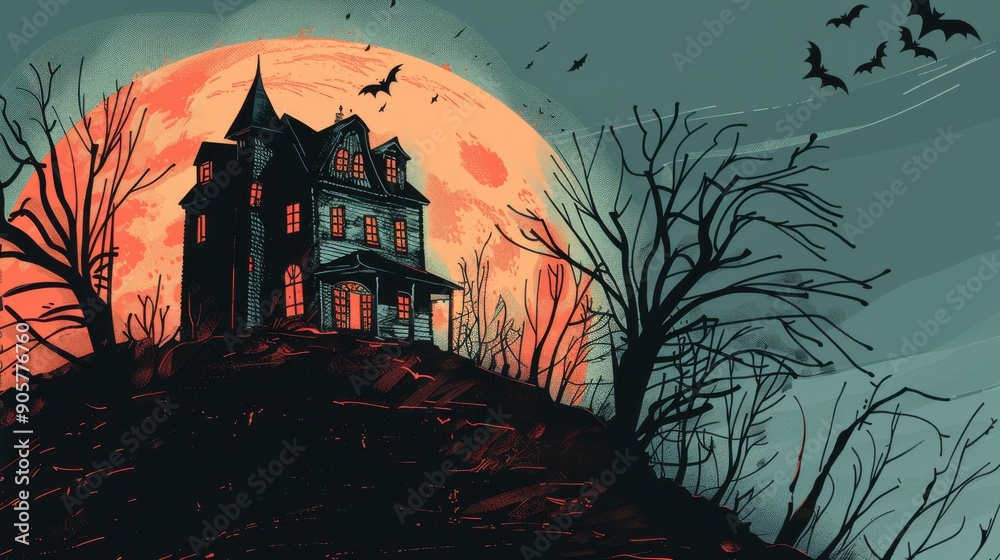 An old, spooky house on top of a hill with a full moon An old, spooky house on top of a hill with a full moon