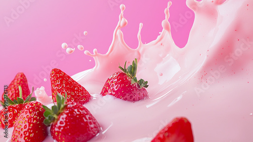 a splash of strawberry milk colliding with fresh strawberries