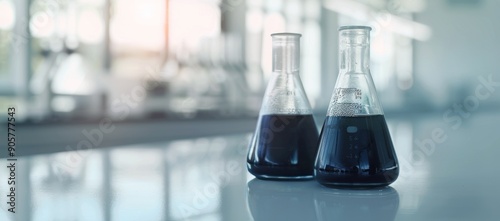 Laboratory Flasks With Dark Liquid at Scientific Research Facility During Day...