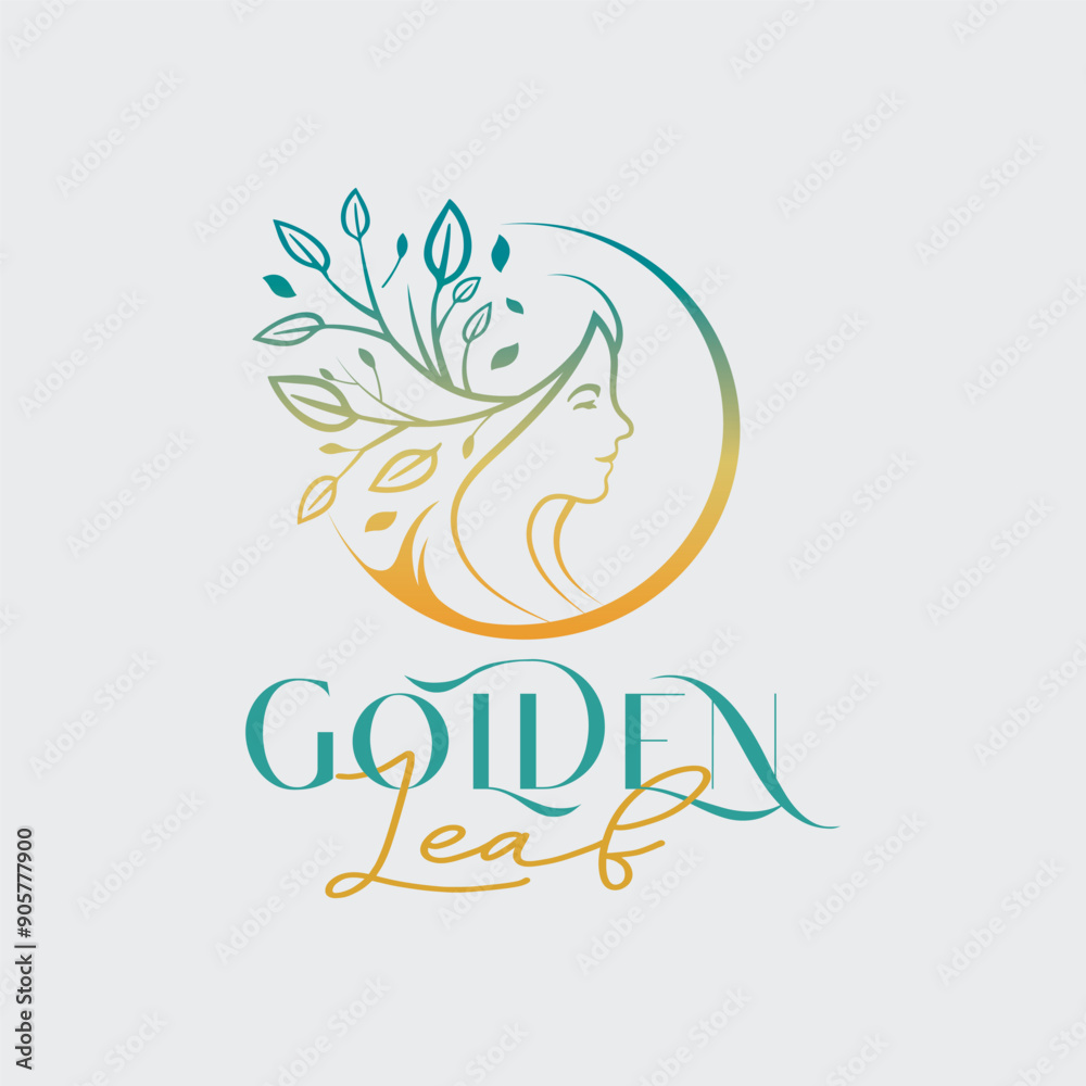 Golden Leaf Woman Logo, Feminine Face with Leaf Crown Logo, Minimalist Gold Leaf Logo Golden Leaf Woman Logo, Feminine Face with Leaf Crown Logo, Minimalist Gold Leaf Logo