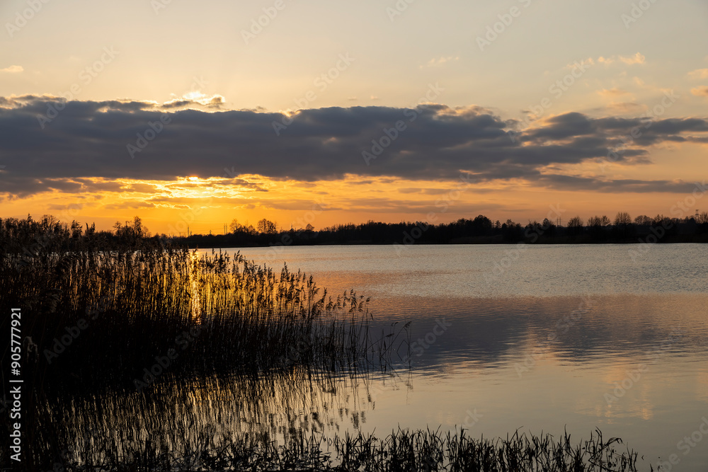 beautiful orange sky at sunset in spring