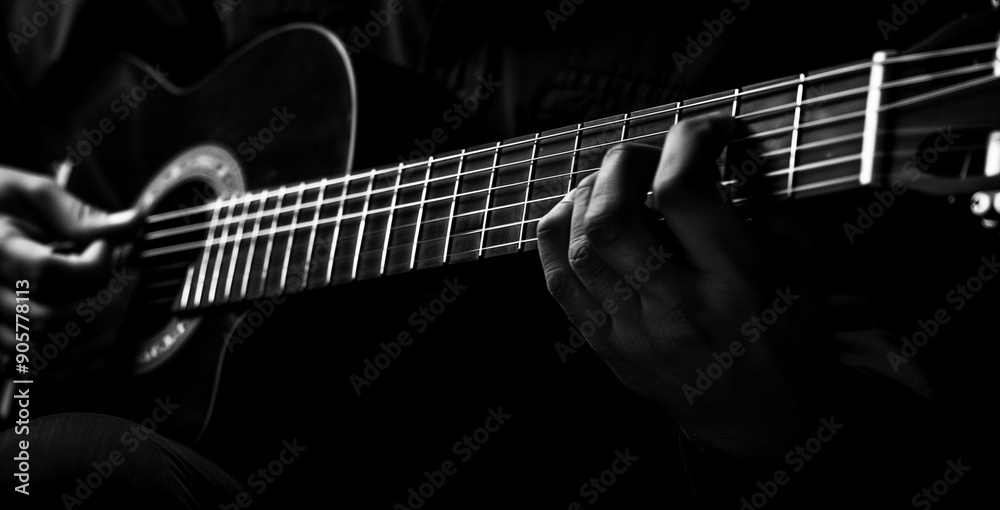 Fototapeta premium Black and White Close-Up of Guitar Being Played Focus on Fretboard