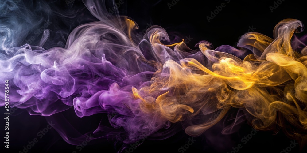 Fototapeta premium Abstract Purple and Gold Smoke Swirls on Black Background, smoke , abstract , swirl , background