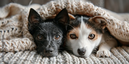 Two Dogs Snuggling Under Cozy Blanket in Warm Indoor Setting