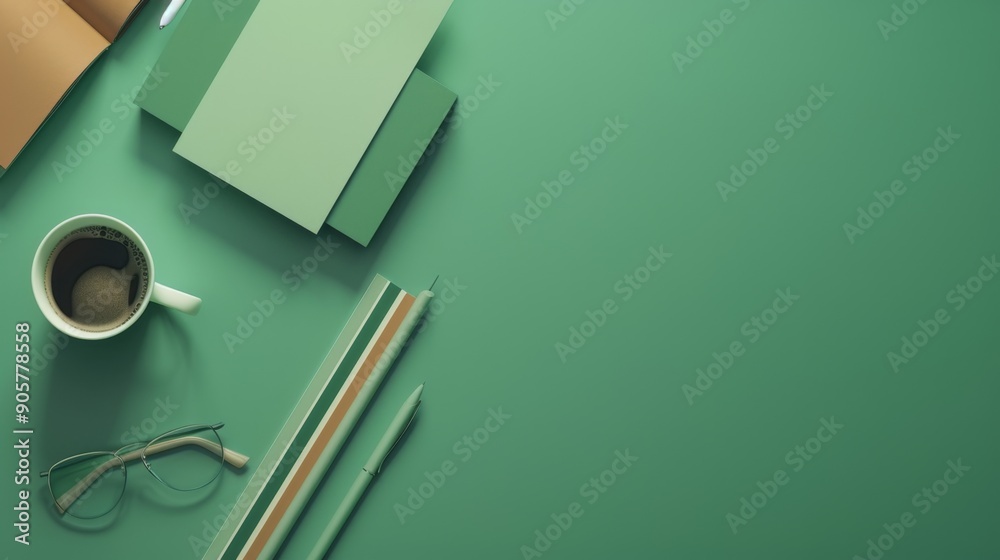A high-quality AI-generated stock image of a set of office stationery and a cup of coffee on the left side, with ample space on the right for text. Perfect for business, and office environment content A high-quality AI-generated stock image of a set of office stationery and a cup of coffee on the left side, with ample space on the right for text. Perfect for business, and office environment content