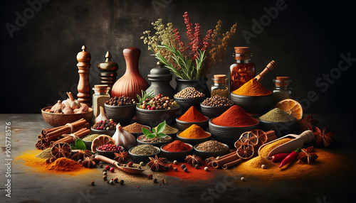 A dark, moody still life of various spices and herbs arranged on a textured surface. photo