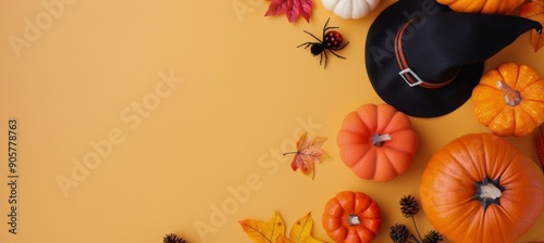 Halloween Decorations With Pumpkins, Spider, and Leaves on Orange Background