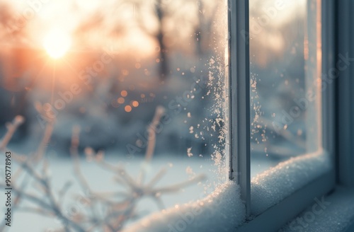 Frosty Branches Framed by a Winter Sunset Through a Window