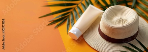Sun Care Essentials With Straw Hat and Green Leaf on Vibrant Orange Background