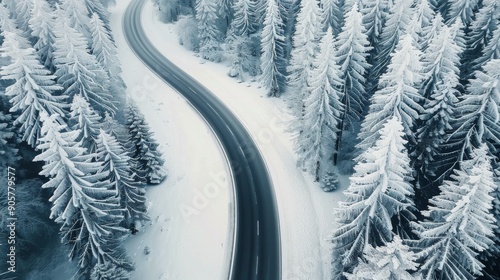 Snow-Covered Road Twisting Through Frosted Evergreen Forest in Winter