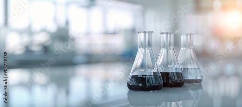 Laboratory Flasks With Dark Liquid at Scientific Research Facility During Day...