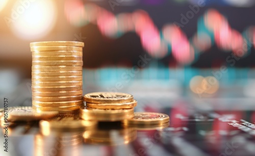Stacked Gold Coins on Dark Background With Financial Graph in Soft Focus
