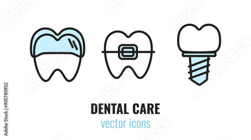 Set of dental treatment icons. Tooth with dental aligner, tooth with dental brace, dental implant. Vector illustration