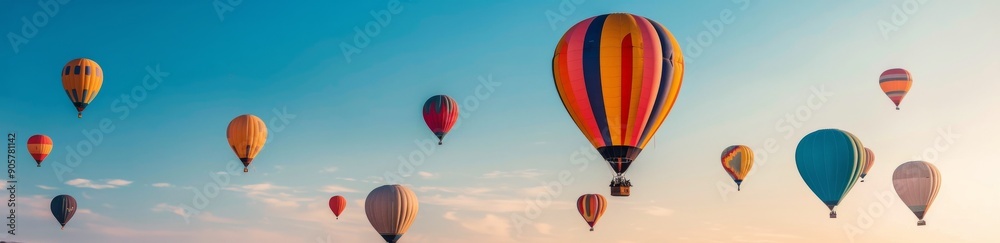 Obraz premium Colorful Hot Air Balloons Floating in a Clear Blue Sky at Sunrise