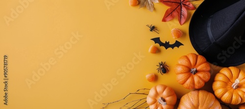 Halloween Decorations With Pumpkins, Spider, and Leaves on Orange Background
