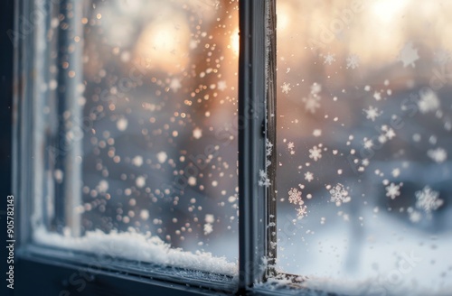 Frosty Branches Framed by a Winter Sunset Through a Window