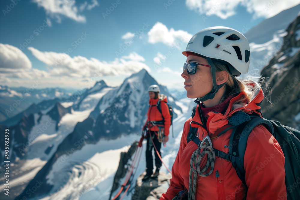 Hikers on top mountains working together through snowy hills Hikers on top mountains working together through snowy hills