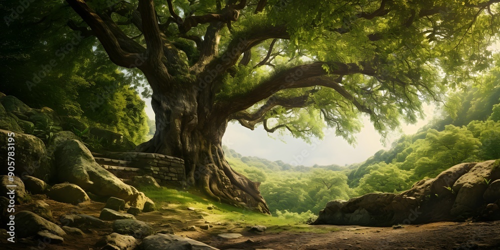 Fototapeta premium A beautiful fairytale enchanted forest with big trees, a big moon in the sky illuminating trees and great vegetation