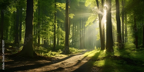 A beautiful fairytale enchanted forest with big trees, a big moon in the sky illuminating trees and great vegetation