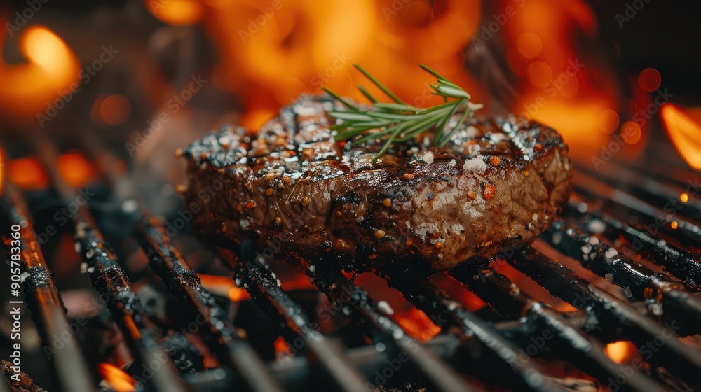 Flame-Grilled Steak on Stainless Steel Depot - Delicious Cuisine Concept Flame-Grilled Steak on Stainless Steel Depot - Delicious Cuisine Concept