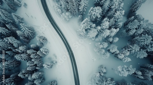 Snow-Covered Road Twisting Through Frosted Evergreen Forest in Winter